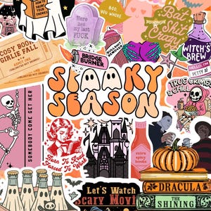 May include: A collection of Halloween-themed stickers and illustrations. Features a ghost reading a book, a tombstone, a pumpkin, and text that says "Spooky Season" and "Just Here for the Boos".
