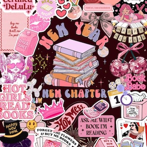 Puede incluir: Un collage de pegatinas e ilustraciones con temática de libros. Incluye una pila de libros, texto que dice "New Chapter", "Hot Girls Read Books" y "Oops... I bought more books". La paleta de colores es rosa, morado y marrón.