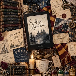 May include: A black Kindle e-reader displaying the text Magic Lives Here with a castle illustration, surrounded by wizard-themed items including a stack of books, a wand, a scarf, a white owl, potion bottles, a candle, and various parchment notes.