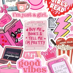 May include: A collage of pink stickers with various designs and text. Includes a coffee cup, sunglasses, a smiley face, a book, a laptop, and the phrases "Hot Girls Read" and "Buy Me Books & Tell Me I'm Pretty."