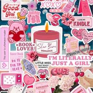 May include: A collection of pink and white stickers and illustrations with a romance theme. Includes text such as "Dark Romance," "Hot Girl Book Club," "I'm Literally Just a Girl," and "Romance Books All Day Everyday." Features hearts, books, and a candle.