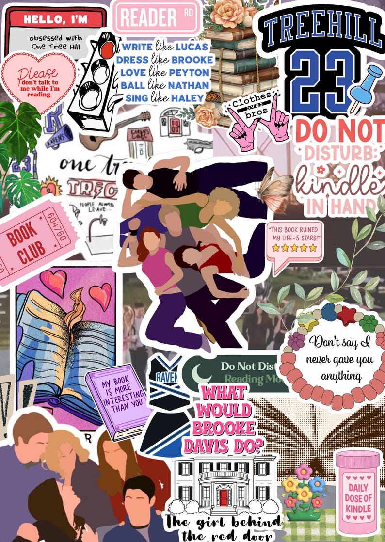 Pode incluir: Uma colagem de adesivos e ilustra&ccedil;&otilde;es com o tema de livros e da s&eacute;rie de TV "One Tree Hill". Inclui texto como "N&atilde;o perturbe: Kindle na m&atilde;o" e "Meu livro &eacute; mais interessante que voc&ecirc;."