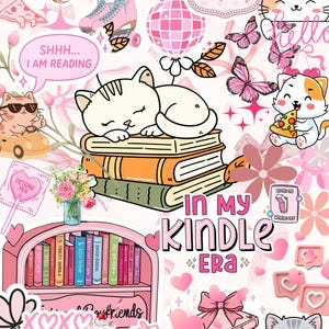 Pode incluir: Uma colagem rosa e branca com tema de leitura, com gatos, livros e borboletas. O texto inclui "In My Kindle Era", "I'm a Kindle Girlie" e "Buy me books and tell me I'm pretty". A estética geral é fofa e feminina.