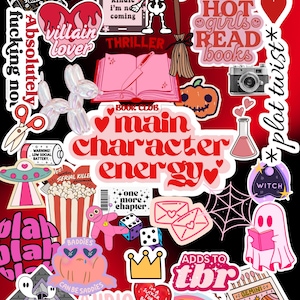 May include: A collage of stickers with a red and black background. The stickers feature various designs, including a skeleton, a book, a camera, a pumpkin, and text like "Main Character Energy" and "Hot Girls Read Books."