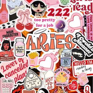 Può includere: Un collage colorato di adesivi con vari disegni e testo. Include la parola "Aries" a lettere grandi, un orologio digitale che dice "READ" e un cartone animato di una ragazza al telefono. Altri adesivi presentano frasi come "hot girls read" e "too pretty for a job".