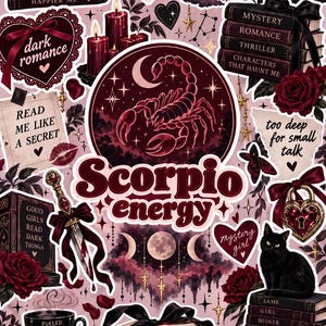Puede incluir: Una hoja de pegatinas con ilustraciones en rojo oscuro y negro de un escorpión, libros, velas, una daga, un gato negro, rosas y lunas. El texto incluye "kindle girlie", "dark romance", "Scorpio energy", "mystery girl" y varias citas.