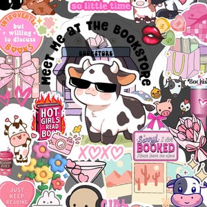 May include: A collage of stickers with a bookstore theme. Includes a cow wearing sunglasses, the text "Meet Me at the Bookstore," and other graphics like books, hearts, and the phrase "Hot Girls Read Books."