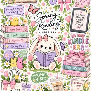 Puede incluir: Una hoja de pegatinas con ilustraciones en tonos pastel de libros, un conejo leyendo, un Kindle, una bolsa de tela y flores. El texto incluye "Bookish Girlie", "Spring Reading", "Treat Yourself", "Caffeine & Chapters" y "If I can't bring my Kindle, I'm not coming."