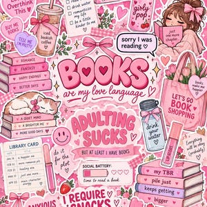 Peut inclure: Une collection d'autocollants dans les tons roses illustrant des livres, un café glacé, un chat et des en-cas. Le texte inclut 'too pretty for a job', 'BOOKS are my love language', 'ADULTING SUCKS', 'I REQUIRE SNACKS' et diverses phrases sur la lecture.