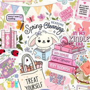 Op de afbeelding: Een collage met een leesthema. Het bevat een lezend konijn, stapels roze boeken, een draagtas met boeken en teksten als "Treat Yourself" en "Spring Cleaning".