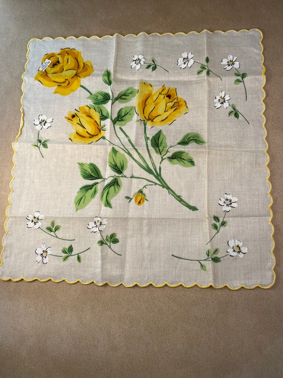 Vintage 1960's White Cotton Floral Handkerchief w… - image 2