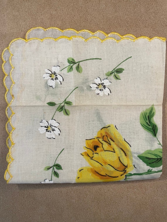 Vintage 1960's White Cotton Floral Handkerchief w… - image 1