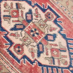 1x3 Red Blue Oushak Wool Rug, Vintage Rug, Door Mat Rug, 1x3 Turkish Red Dooormat Bath Mat Rug, Oushak Door Mat, 1x3 Mini Rug, Anatolian Rug