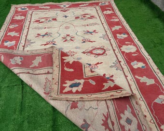 4x6 Red Cream Handmade Wool Rug, Oushak Red Rug, 4x6 Turkish Red Rug, Vintage Living Room Rug, Hallway  Bathroom Rug, Bedroom Rug 4.2x6.1 Ft
