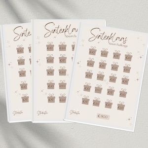 Op de afbeelding: Printbare Sinterklaas spaar challenge met drie pagina's. Elke pagina heeft een raster met cadeaudozen met verschillende eurobedragen erin. Het totale bedrag om te sparen is €300.