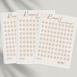 May include: Printable savings challenge sheets with the text "Kleingeld Challenge XL". Each sheet has a grid of boxes with amounts like €1, €2, and 50ct. The total savings goal is €75. The sheets are a PDF instant download.
