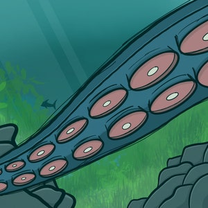 Puede incluir: Una ilustración de dibujos animados de un pulpo con tentáculos azules y ventosas rosadas nadando bajo el agua. El pulpo nada a través de una escena submarina verde y azul con rocas y algas.