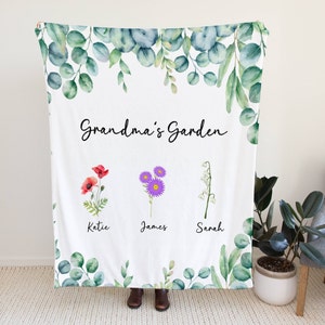 Personalized Grandmas Garden Blanket, Mothers Day Gift, Customizable Blanket With Kids Name, Gift For Grandmother, Birth Month Flower Throw