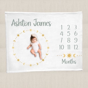 Sun And Moon Personalized Milestone Blanket, Custom Newborn Blanket, Baby Shower Gift, Monthly Photos Blanket, Neutral Nursery Blanket