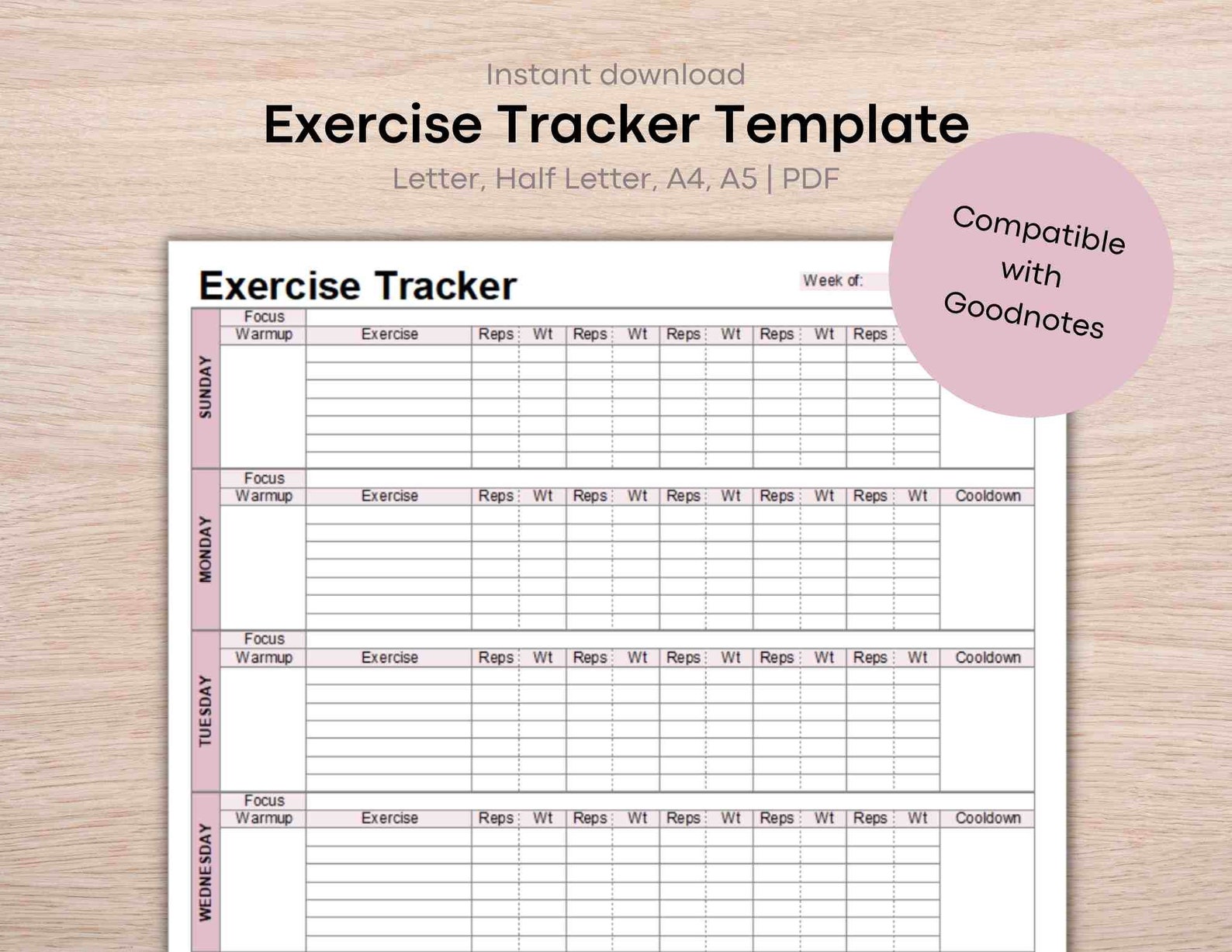 Instant Download Printable Exercise Planner Template Workout Tracker
