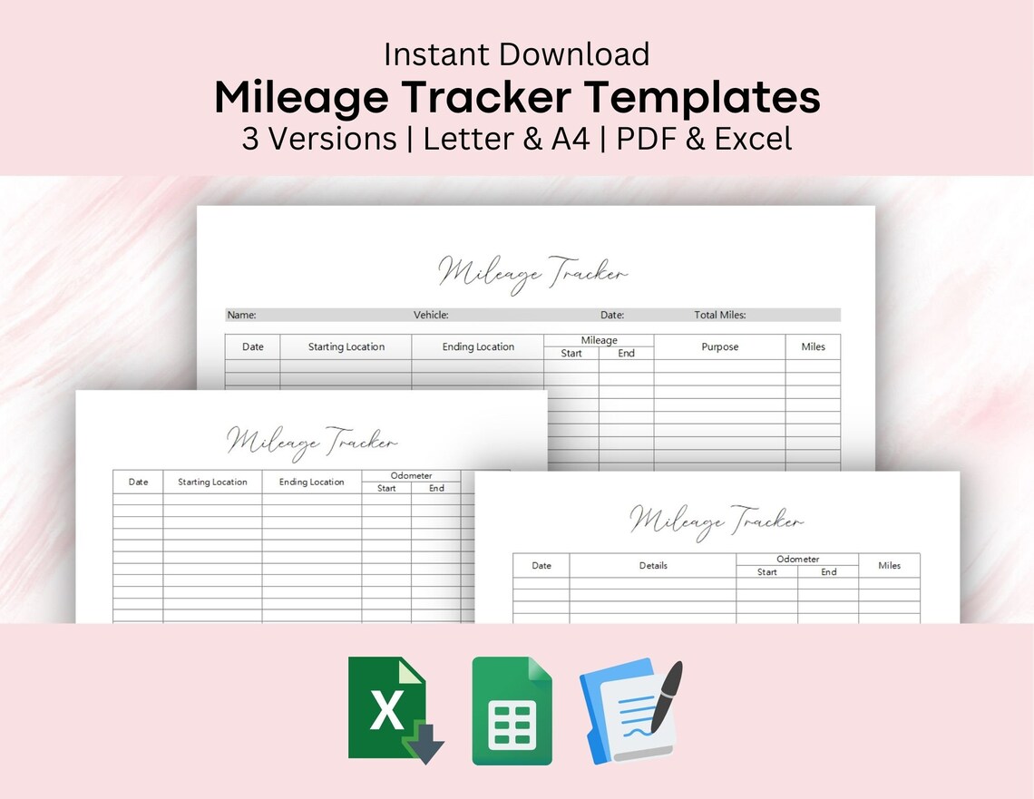 Printable Mileage Tracker Templates Mileage Log Editable Travel Small Business PDF Letter A4 ...