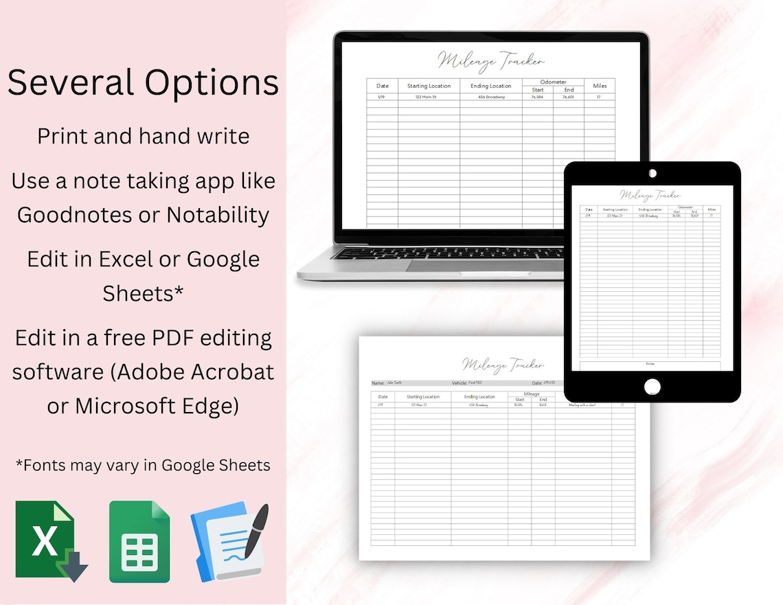 Printable Mileage Tracker Templates Mileage Log Editable Travel Small Business PDF Letter A4 ...