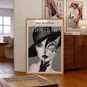 Póster de La Dolce Vita, póster de moda felina, revista con estilo, retrato de mascota, estampado de Vogue, periódico de moda, estampado retro de los 70, mujer elegante