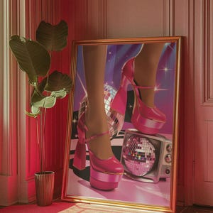 Póster de bola de discoteca, arte de pared rosa, impresión de televisión retro, estética femenina, impresión de pared de los años 70, póster de tacones altos, arte psicodélico, arte alucinante, vintage