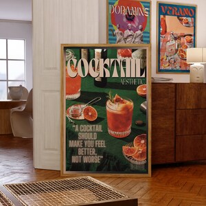 Plakat „A Cocktail Should Make You Feel Better”, plakat „A Cocktail”, wydruk z lat 70., pomarańczowa sztuka ścienna, dekoracja ścienna do kuchni, wydruk retro, zielona sztuka ścienna