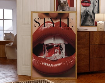 Red Lips Ice Vogue Print: 70s Retro Style Poster, Red Wall Art