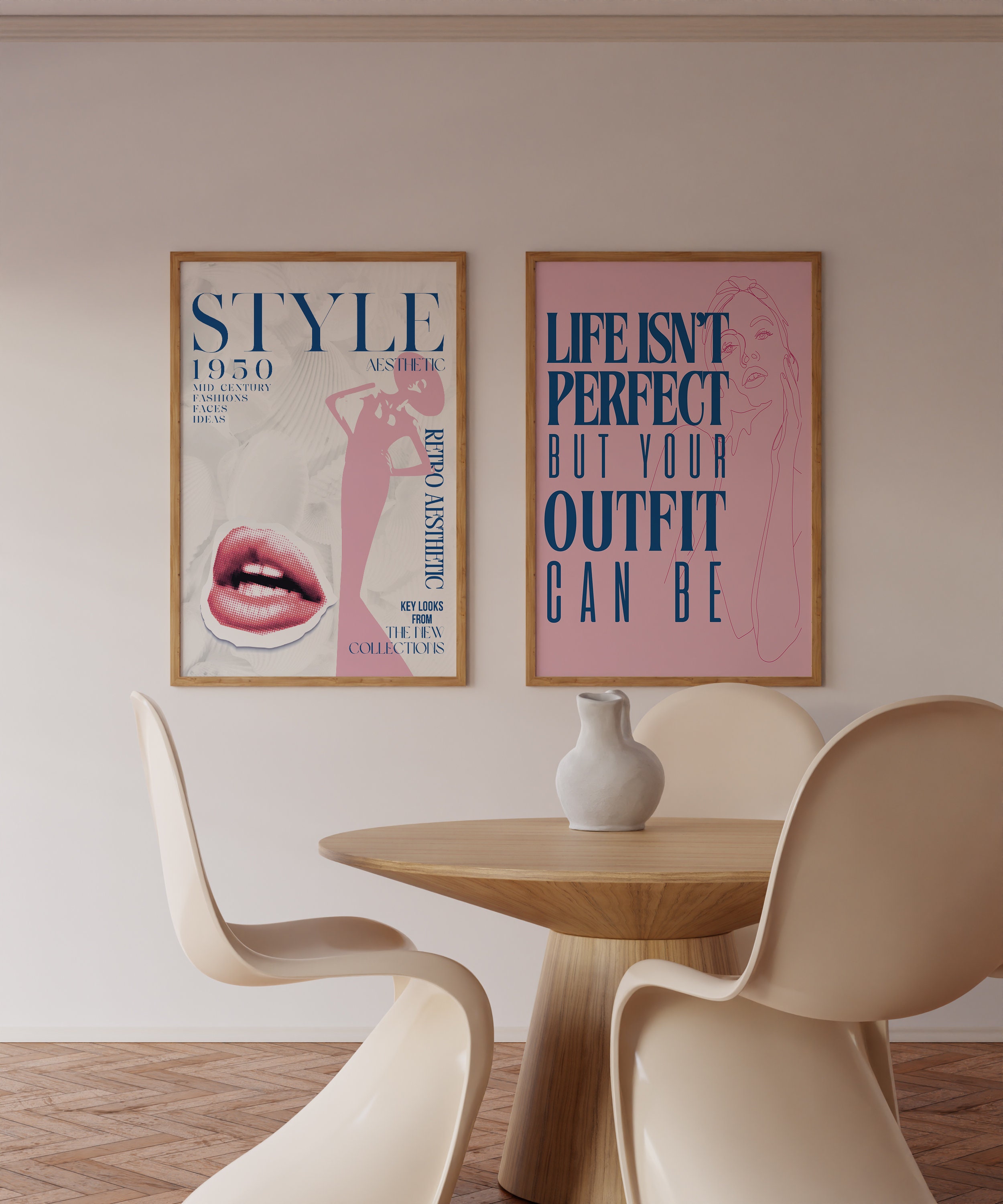 Print Set of 2, 1950s vibe, Outfit Poster, Pink Wall Art, Vogue Print, 70s Wall Print, Woman Line Art, Trendy Art, Retro Print, Psychedelic