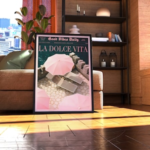 La Dolce Vita Poster, Boho Home, Old Money Aesthetic, Retro Poster, 60s Wall Art, Trippy Art, Summer House, Vogue Print, Trendy Newspaper, Vogue Magazine, Beach Poster, summer never ends, Vogue Fashion, Pink Wall Art, beach vibe, Pink summer poster
