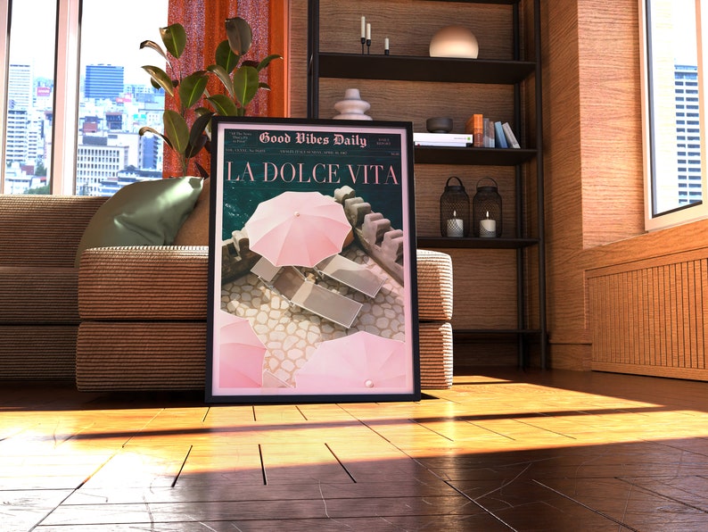 La Dolce Vita Poster, Boho Home, Old Money Aesthetic, Retro Poster, 60s Wall Art, Trippy Art, Summer House, Vogue Print, Trendy Newspaper, Vogue Magazine, Beach Poster, summer never ends, Vogue Fashion, Pink Wall Art, beach vibe, Pink summer poster