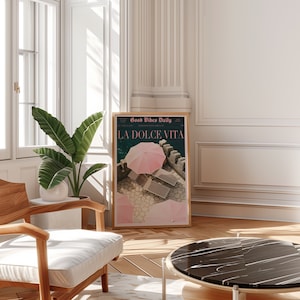 La Dolce Vita Poster, Boho Home, Old Money Aesthetic, Retro Poster, 60s Wall Art, Trippy Art, Summer House, Vogue Print, Trendy Newspaper, Vogue Magazine, Beach Poster, summer never ends, Vogue Fashion, Pink Wall Art, beach vibe, Pink summer poster