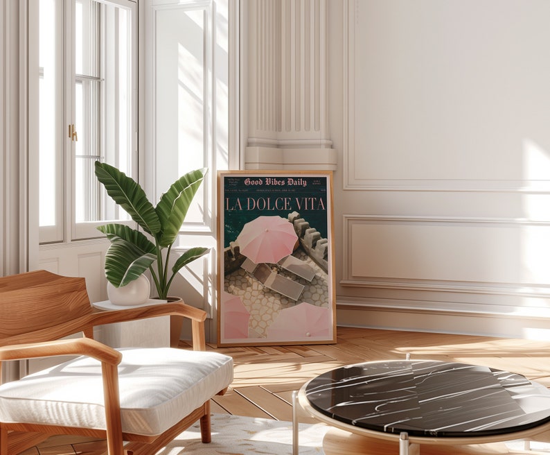 La Dolce Vita Poster, Boho Home, Old Money Aesthetic, Retro Poster, 60s Wall Art, Trippy Art, Summer House, Vogue Print, Trendy Newspaper, Vogue Magazine, Beach Poster, summer never ends, Vogue Fashion, Pink Wall Art, beach vibe, Pink summer poster