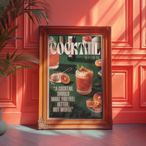 Póster de cóctel, impresión de los años 70, arte mural naranja, decoración de pared de cocina, póster de casa de verano, psicodélico, impresión retro, estilo antiguo, arte mural verde