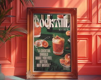 Cocktail Poster, 70s Print, Orange Wall Art, Kitchen Wall Decor, Summer House Poster, Psychedelic, Retro Print, Old Fashion, Green Wall Art