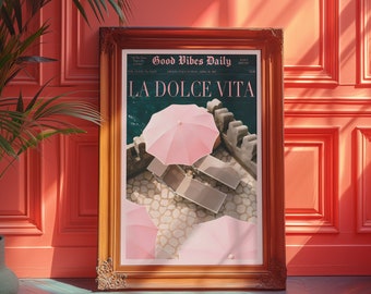 La Dolce Vita Poster, Trendy Newspaper, Vintage Poster, Old Money Aesthetic, Retro Poster, Pink Wall Art, Beach Vibe, Vogue Print