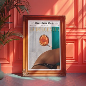 Póster de La Dolce Vita, periódico de moda, póster vintage, estética de dinero antiguo, póster retro, arte mural de los años 60, arte psicodélico, ambiente playero, estampado de Vogue