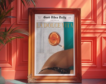 La Dolce Vita Poster, Trendy Newspaper, Vintage Poster, Old Money Aesthetic, Retro Poster, 60s Wall Art, Trippy Art, Beach Vibe, Vogue Print