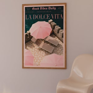 La Dolce Vita Poster, Boho Home, Old Money Aesthetic, Retro Poster, 60s Wall Art, Trippy Art, Summer House, Vogue Print, Trendy Newspaper, Vogue Magazine, Beach Poster, summer never ends, Vogue Fashion, Pink Wall Art, beach vibe, Pink summer poster