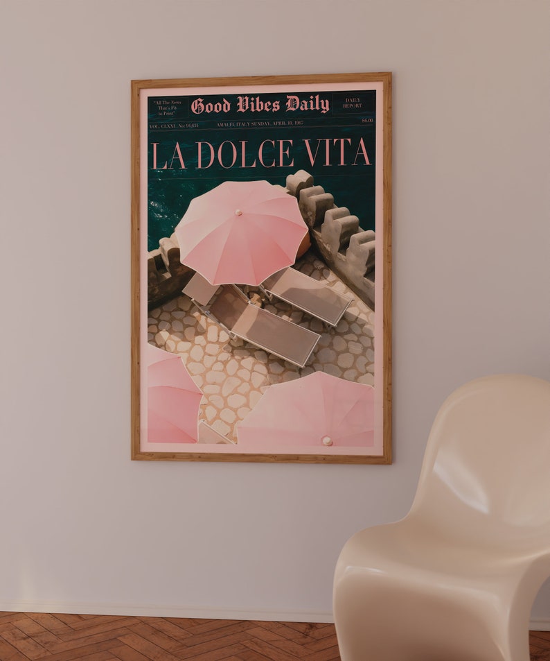 La Dolce Vita Poster, Boho Home, Old Money Aesthetic, Retro Poster, 60s Wall Art, Trippy Art, Summer House, Vogue Print, Trendy Newspaper, Vogue Magazine, Beach Poster, summer never ends, Vogue Fashion, Pink Wall Art, beach vibe, Pink summer poster