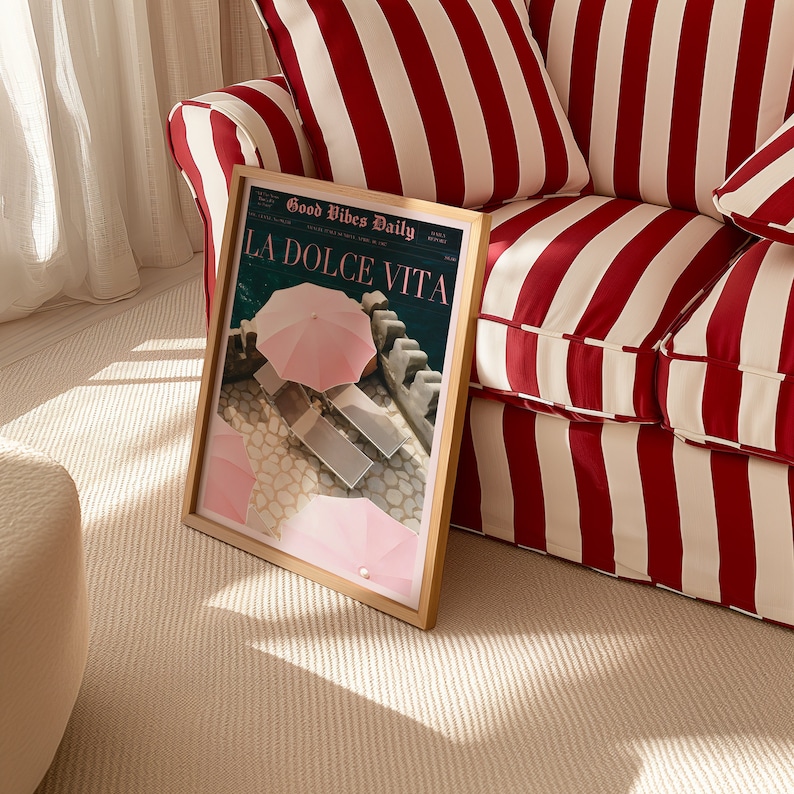 La Dolce Vita Poster, Boho Home, Old Money Aesthetic, Retro Poster, 60s Wall Art, Trippy Art, Summer House, Vogue Print, Trendy Newspaper, Vogue Magazine, Beach Poster, summer never ends, Vogue Fashion, Pink Wall Art, beach vibe, Pink summer poster