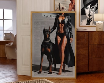 Doberman Vogue Print: Trendy Newspaper Poster, Woman Wall Art, Typography Print