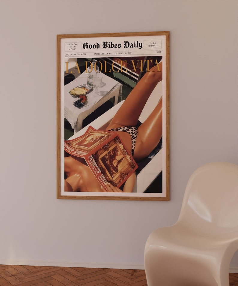 La Dolce Vita Poster, Boho Home, Old Money Aesthetic, Retro Poster, 60s Wall Art, Trippy Art, Summer House, Vogue Print, Trendy Newspaper, Vogue Magazine, Beach Poster, summer never ends, Vogue Fashion, Orange Wall Art, beach vibe, old money summer