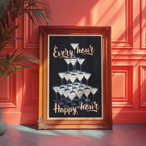 Trendy print happy hour, elk uur is happy hour, trendy quote print, vintage barwagen, quote art poster, trippy kunst aan de muur, keuken prints