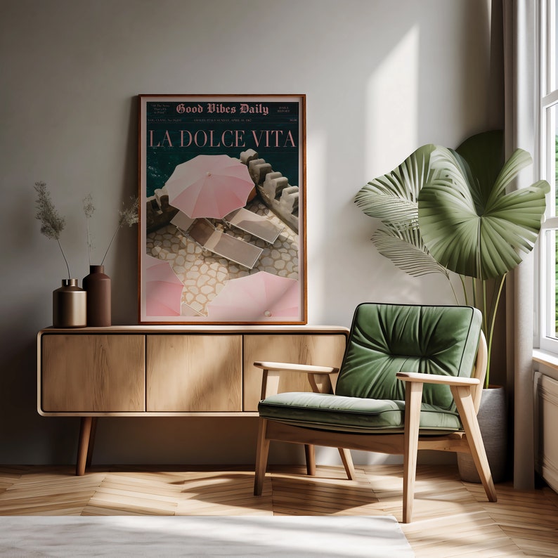 La Dolce Vita Poster, Boho Home, Old Money Aesthetic, Retro Poster, 60s Wall Art, Trippy Art, Summer House, Vogue Print, Trendy Newspaper, Vogue Magazine, Beach Poster, summer never ends, Vogue Fashion, Pink Wall Art, beach vibe, Pink summer poster