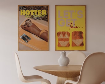 Print Set of 2, Lets Get Tan Poster, Hotter than Summer Poster, Sunbathing Poster, Retro Aesthetic, Yellow Wall Art, Bikini Poster, Boho