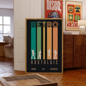 Estética retro, arte mural de los años 70, arte mural retro, nostálgico, gente bailando, póster psicodélico, póster vintage, póster de música disco, arte psicodélico