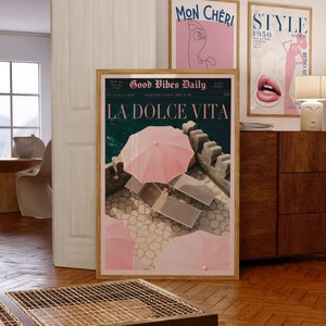 Affiche La Dolce Vita, journal tendance, affiche vintage, esthétique vieil argent, affiche rétro, art mural rose, ambiance plage, impression Vogue
